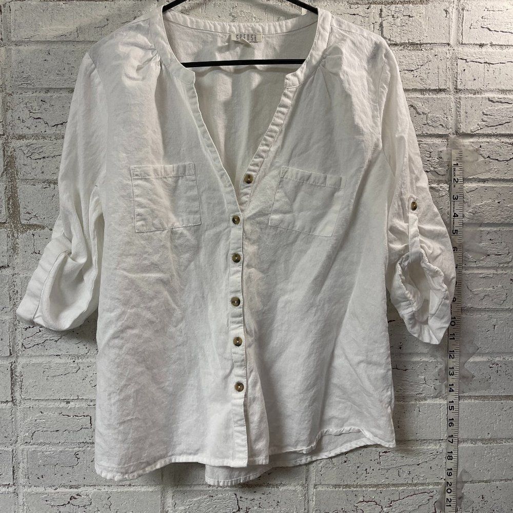 Spense White Cotton Linen Blend Spring Summer Button Up Blouse Large